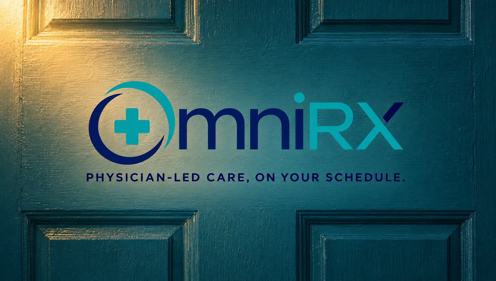 The OmniRX end card on a teal door
