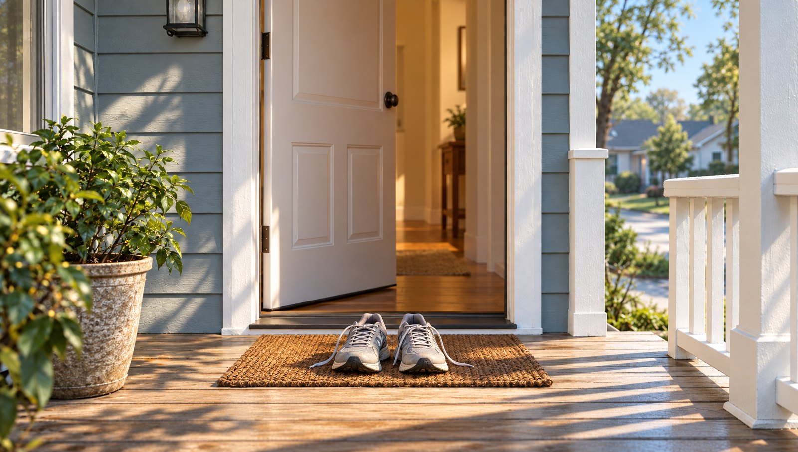 The same porch weeks later in morning sun, running shoes on the mat