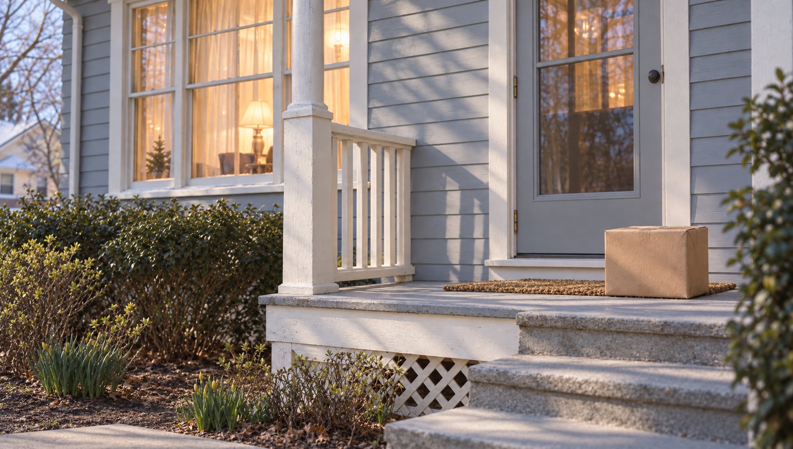 The same porch in 2026 with a parcel