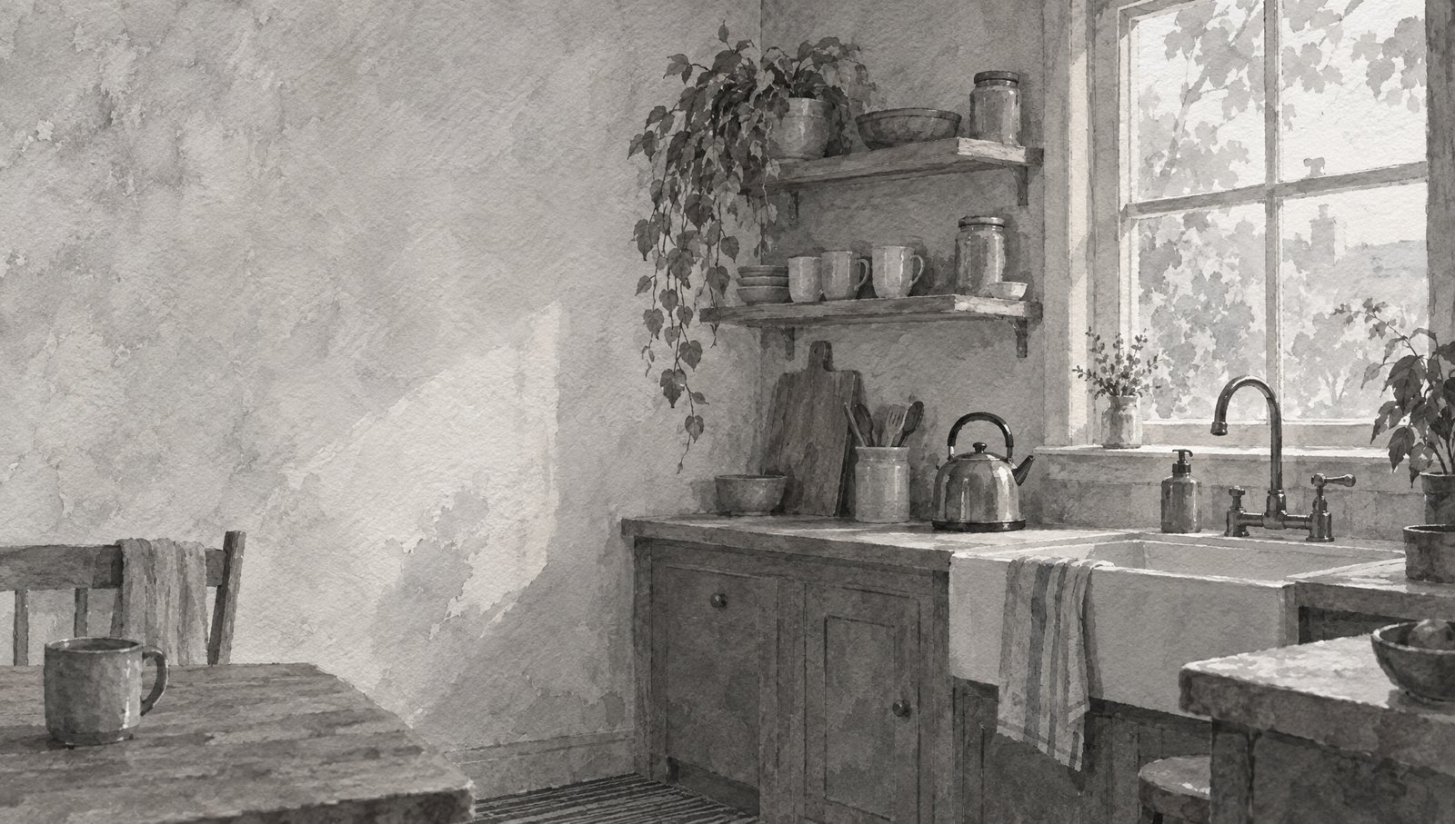 A kitchen painted in grey watercolor
