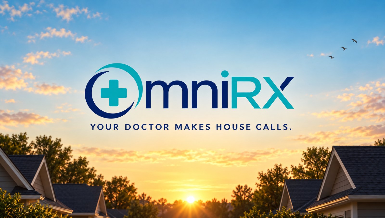 The OmniRX mark in a dawn sky between rooftops