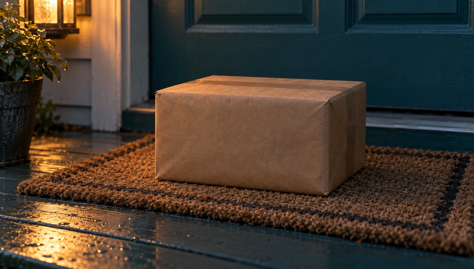 A plain kraft parcel on a doormat
