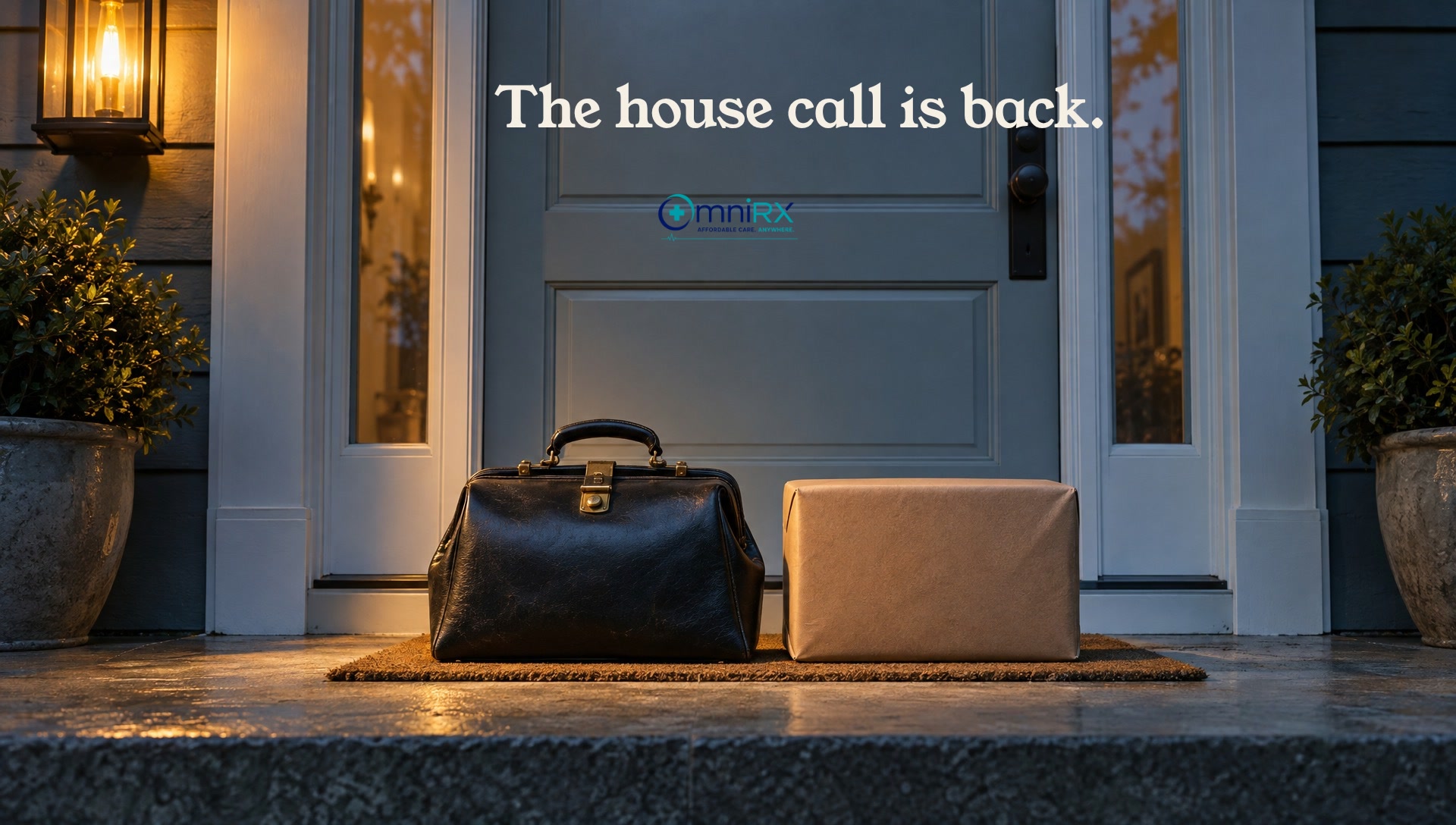 A doctor's bag and a parcel on one doorstep