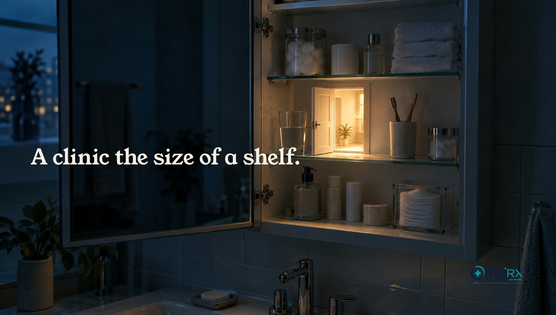 A medicine cabinet with a tiny lit doorway inside